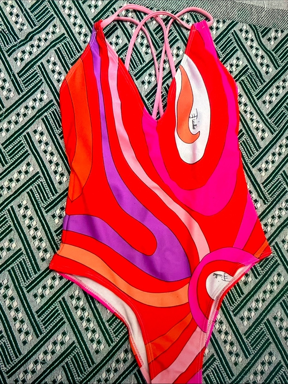 Emilio Pucci Red Pink Purple Swirl Strappy One-Piece Bodysuit